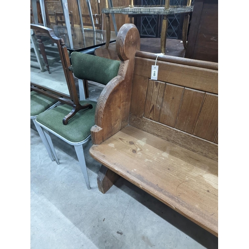 1103 - A Victorian pitch pine pew, length 153cm, depth 54cm, height 97cm