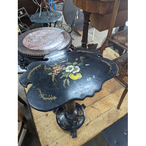 1107 - A Victorian floral painted papier mache occasional table, with a shaped oval top (converted from a p... 