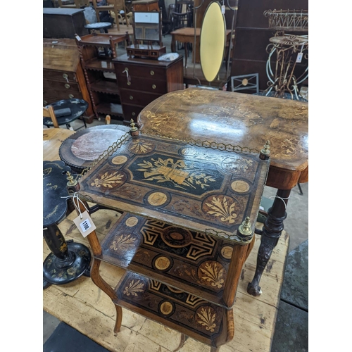 1108 - A 19th century French marquetry inlaid three tier etagere, width 42cm, depth 30cm, height 79cm... 