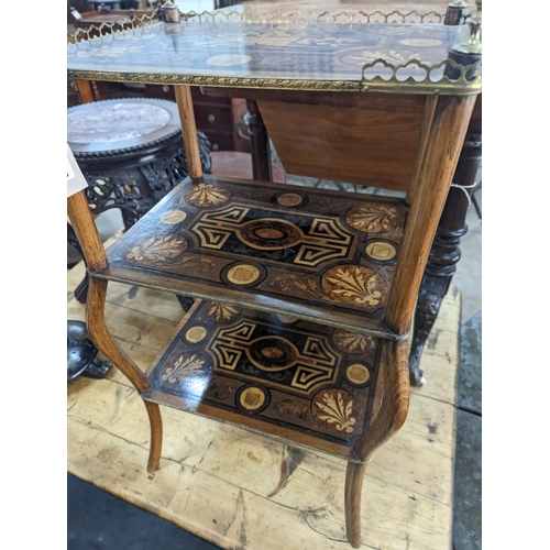 1108 - A 19th century French marquetry inlaid three tier etagere, width 42cm, depth 30cm, height 79cm... 