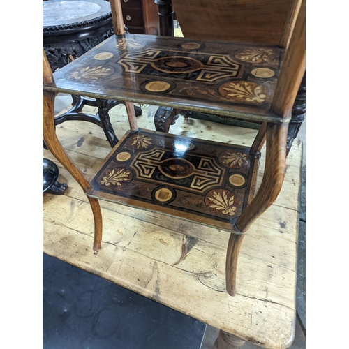 1108 - A 19th century French marquetry inlaid three tier etagere, width 42cm, depth 30cm, height 79cm... 