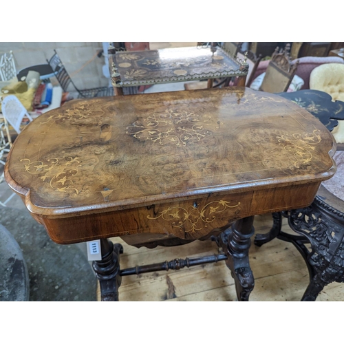 1113 - A Victorian marquetry inlaid walnut work table, width 64cm, depth 41cm, height 72cm