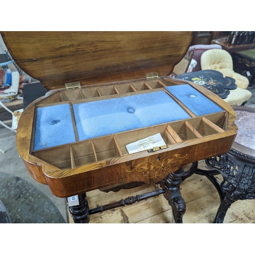 1113 - A Victorian marquetry inlaid walnut work table, width 64cm, depth 41cm, height 72cm