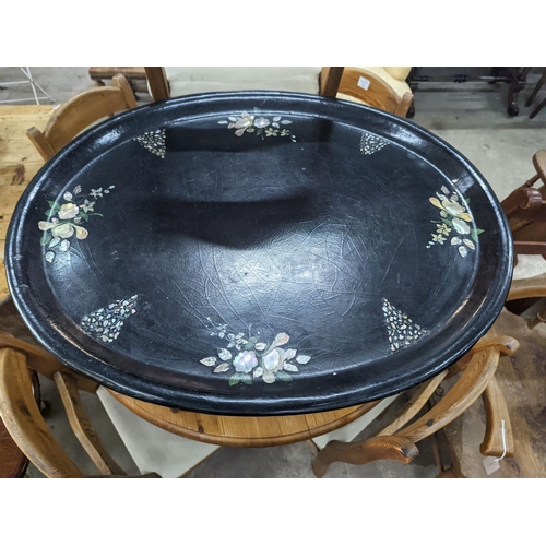 1117 - A Victorian oval floral painted papier-mâché tray, on faux bamboo frame, width 75cm, depth 61cm, hei... 