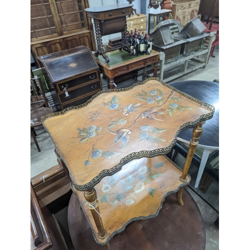 1121 - A late Victorian two tier walnut etagere, painted with birds amongst flowers, width 58cm, depth 43cm... 