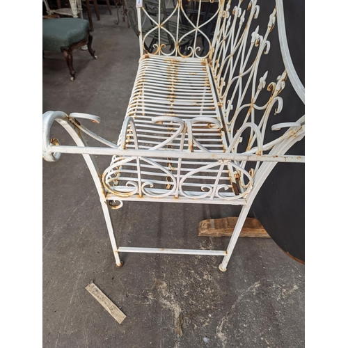 1159 - A painted metal folding garden bench, length 148cm, depth 50cm, height 93cm