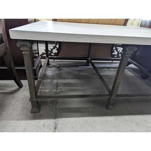 1160 - A contemporary heavy marble topped wrought iron rectangular coffee table, length 122cm, depth 91cm, ... 