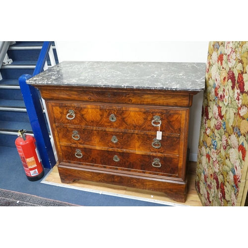 1168 - A 19th century French marble top walnut commode, width 129cm, depth 60cm, height 104cm