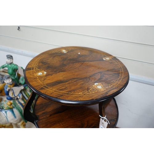 1174 - An Edwardian marquetry inlaid rosewood circular two tier centre table, diameter 47cm, height 69cm... 