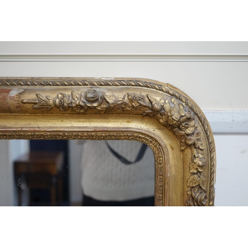 1182 - A 19th century French giltwood and gesso overmantel mirror, width 87cm, height 142cm