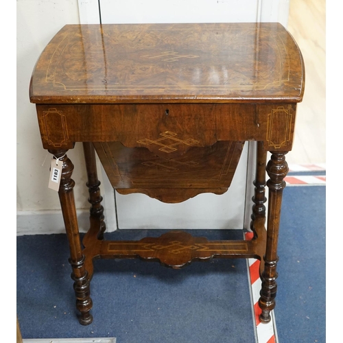 1183 - A Victorian inlaid burr walnut work table, width 62cm, depth 40cm, height 72cm