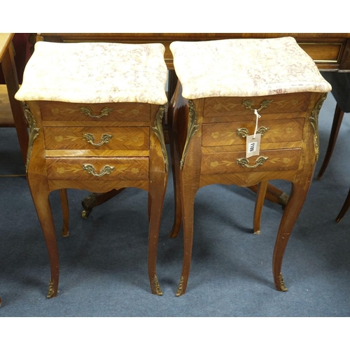 1189 - A pair of Louis XVI design marquetry inlaid, gilt metal mounted serpentine bedside chests, width 34c... 