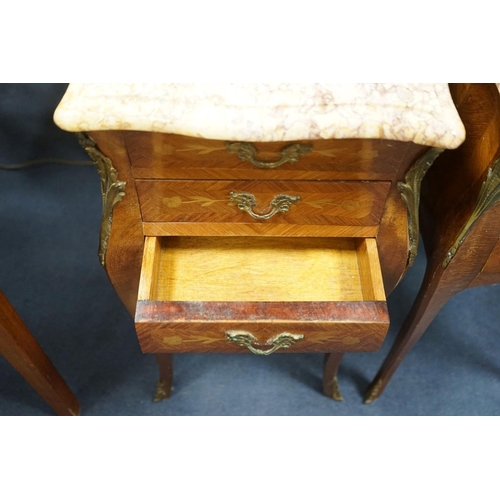 1189 - A pair of Louis XVI design marquetry inlaid, gilt metal mounted serpentine bedside chests, width 34c... 