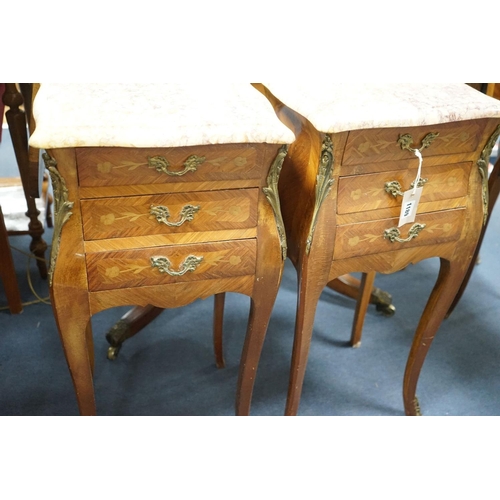 1189 - A pair of Louis XVI design marquetry inlaid, gilt metal mounted serpentine bedside chests, width 34c... 