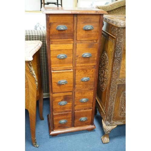 1197 - A reproduction hardwood ten drawer narrowl chest, width 40cm, depth 26cm, height 102cm together with... 