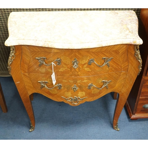 1198 - A Louis XVI design marquetry inlaid marble top serpentine petite commode, width 80cm, depth 42cm, he... 