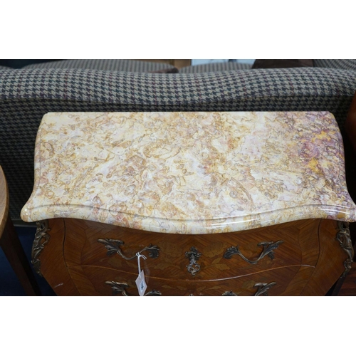 1198 - A Louis XVI design marquetry inlaid marble top serpentine petite commode, width 80cm, depth 42cm, he... 