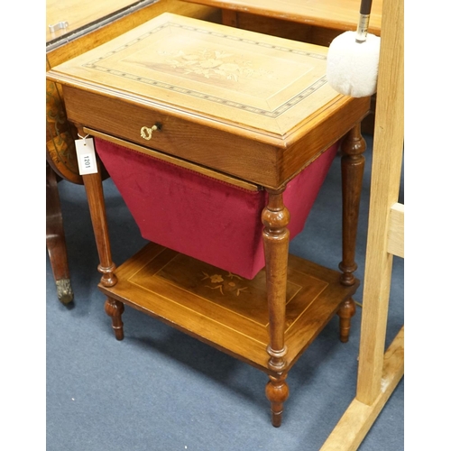 1201 - A 19th century French inlaid walnut work table, width 55cm, depth 37cm, height 71cm