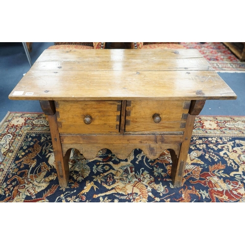 1205 - An 18th century style French Provincial fruitwood two drawer low table, width 95cm, depth 59cm, heig... 