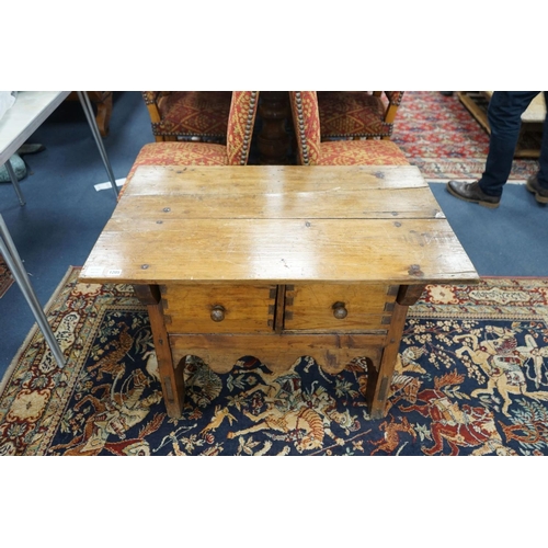 1205 - An 18th century style French Provincial fruitwood two drawer low table, width 95cm, depth 59cm, heig... 