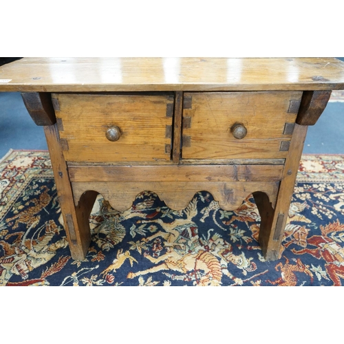 1205 - An 18th century style French Provincial fruitwood two drawer low table, width 95cm, depth 59cm, heig... 