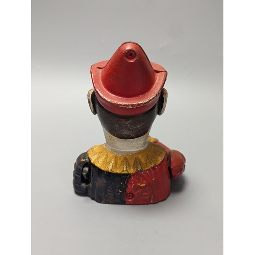 1251 - A cold painted cast iron ‘jester’ money bank 17cm