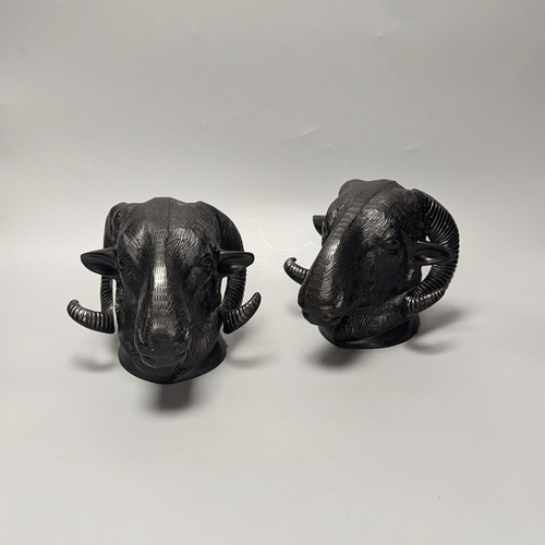 1253 - A pair of cold painted bronze ‘rams head’ wall mounts/coat hooks, 18cm