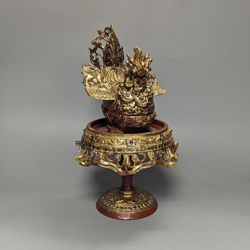 1257 - A Burmese painted gilt decorated metal, wood and composition ‘phoenix’ Betel box, total height 32cm... 