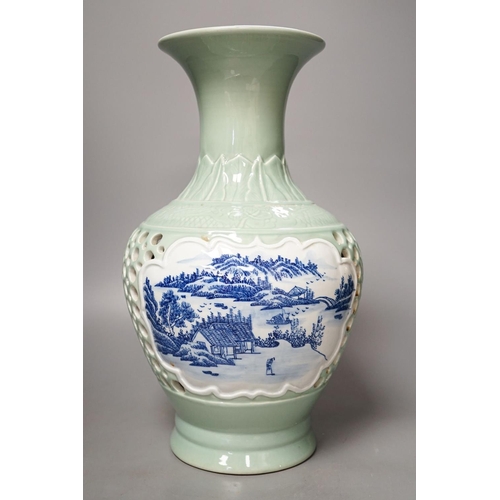 1279 - A Chinese double walled celadon ground vase, 37.5 cm high