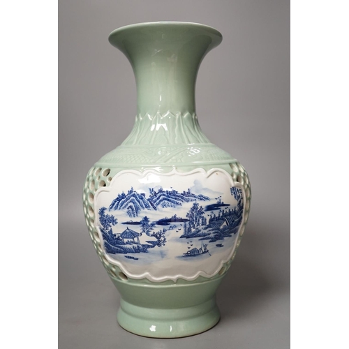 1279 - A Chinese double walled celadon ground vase, 37.5 cm high