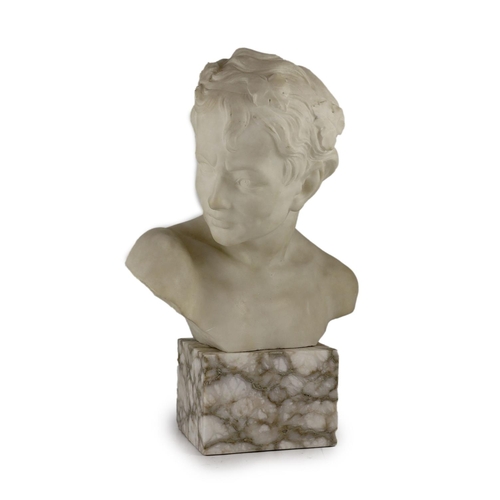 1280 - An Italian carved white marble bust of a faun,with ivy leaf wreath in his hair, on marble plinth,wid... 