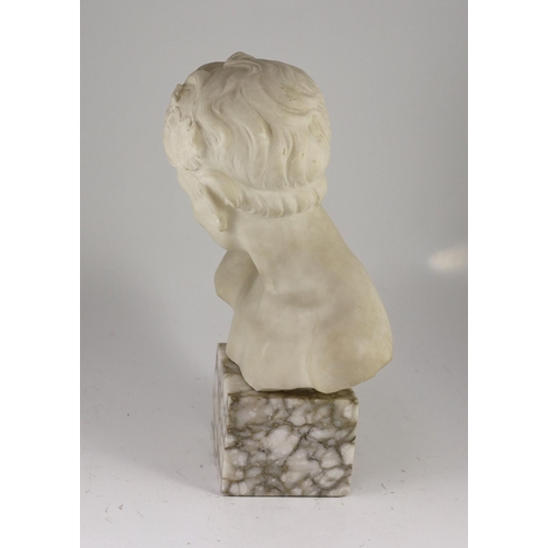 1280 - An Italian carved white marble bust of a faun,with ivy leaf wreath in his hair, on marble plinth,wid... 