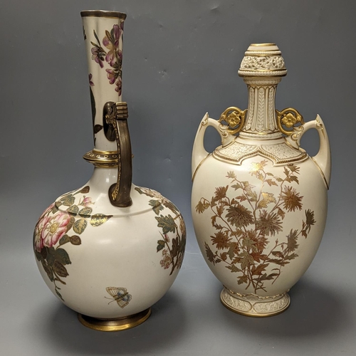 1287 - A Royal Worcester blush Ivory gilded floral ewer and a similar two handled vase 39cm