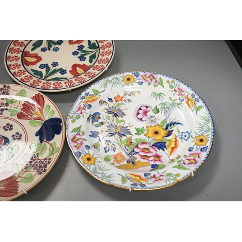 1290 - A Hicks and Meigh "Britannicus Dresden China" polychrome printed floral dish and two welsh... 