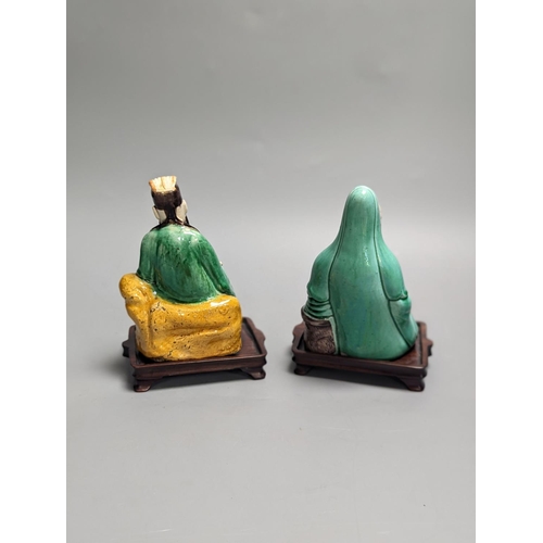 1298 - An 18th century Chinese sancai biscuit group of Guanyin with child and a 19th century Chinese sancai... 