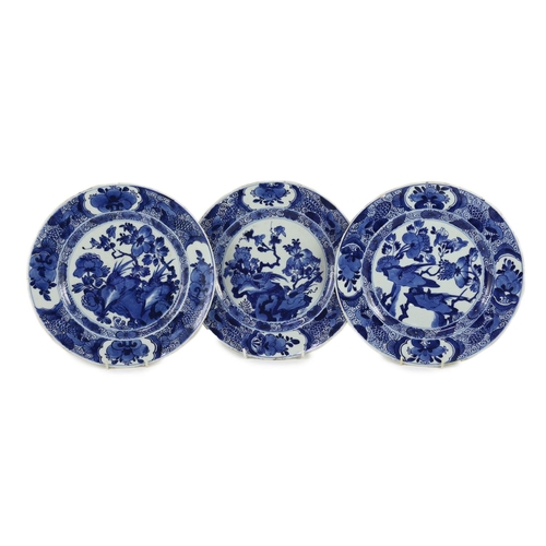 1310 - A set of three Chinese blue and white ‘pheasant’ large plates, Kangxi period,each painted with pheas... 