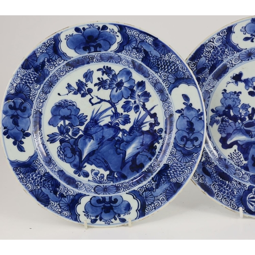 1310 - A set of three Chinese blue and white ‘pheasant’ large plates, Kangxi period,each painted with pheas... 