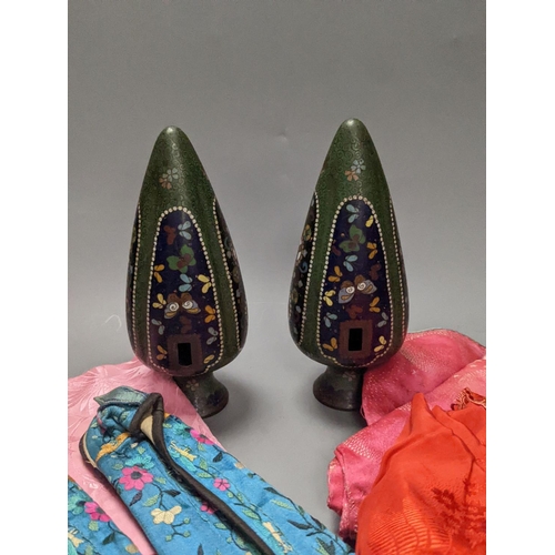 1318 - A pair of Japanese cloisonné enamel vases, Japanese slippers and other clothing