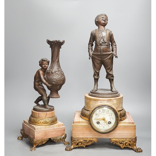 1321 - A spelter and marble figural mantel clock and a matching vase 47cm