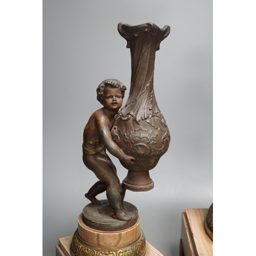 1321 - A spelter and marble figural mantel clock and a matching vase 47cm