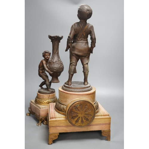 1321 - A spelter and marble figural mantel clock and a matching vase 47cm