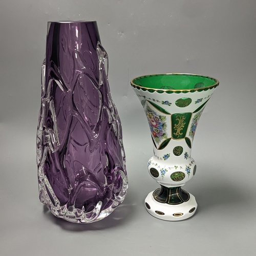 1331 - An amethyst art glass vase and Bohemian overlaid green glass vase 34cm