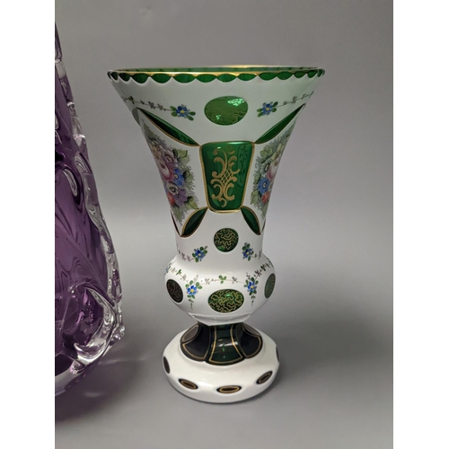 1331 - An amethyst art glass vase and Bohemian overlaid green glass vase 34cm