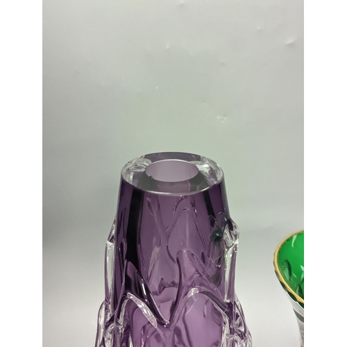 1331 - An amethyst art glass vase and Bohemian overlaid green glass vase 34cm