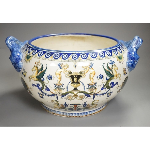 1342 - A French 19th century Gien pottery jardiniere with dolphin handles41 cms wide including handles.... 