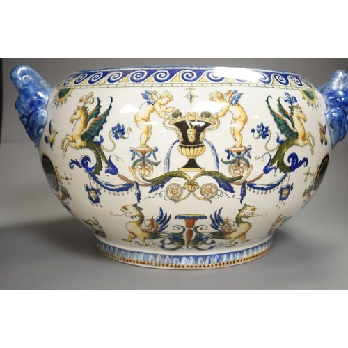 1342 - A French 19th century Gien pottery jardiniere with dolphin handles41 cms wide including handles.... 