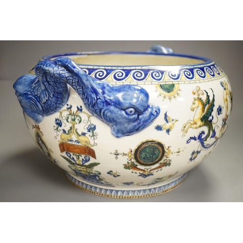 1342 - A French 19th century Gien pottery jardiniere with dolphin handles41 cms wide including handles.... 