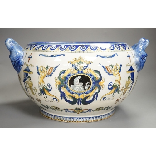 1342 - A French 19th century Gien pottery jardiniere with dolphin handles41 cms wide including handles.... 