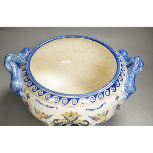 1342 - A French 19th century Gien pottery jardiniere with dolphin handles41 cms wide including handles.... 