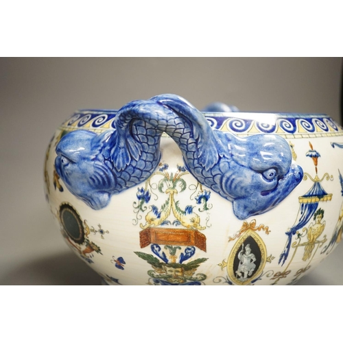 1342 - A French 19th century Gien pottery jardiniere with dolphin handles41 cms wide including handles.... 